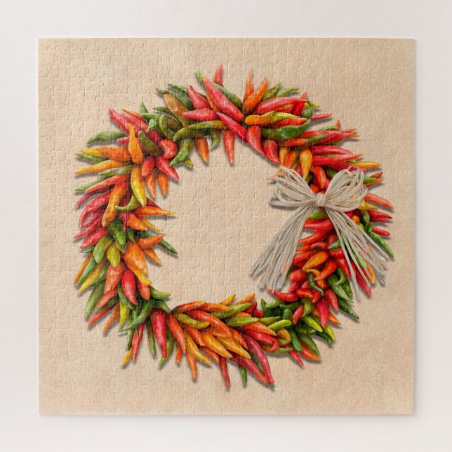 Puzzle Ristra Wreath del suroeste de Chile en Adobe Wall (Vertical)