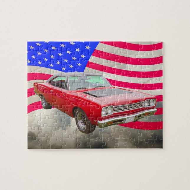 Puzzle Roadrunner 1968 de Plymouth y bandera americana (Horizontal)