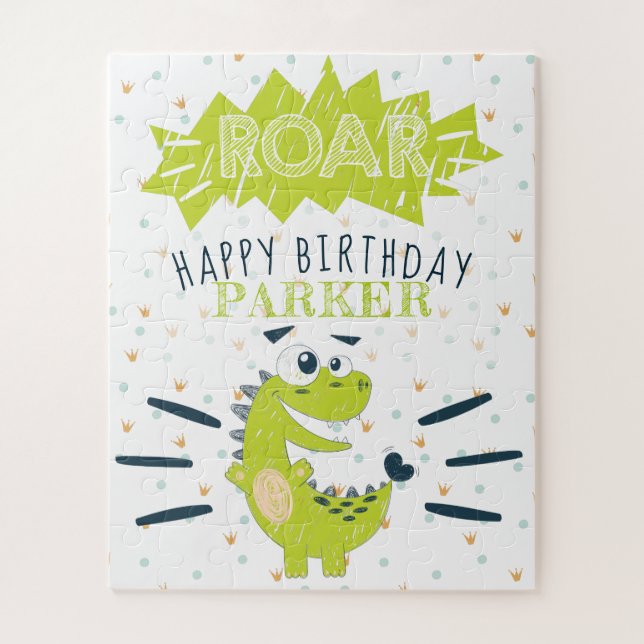Puzzle ROAR Green Dinosaur Happy Birday personalizado (Vertical)
