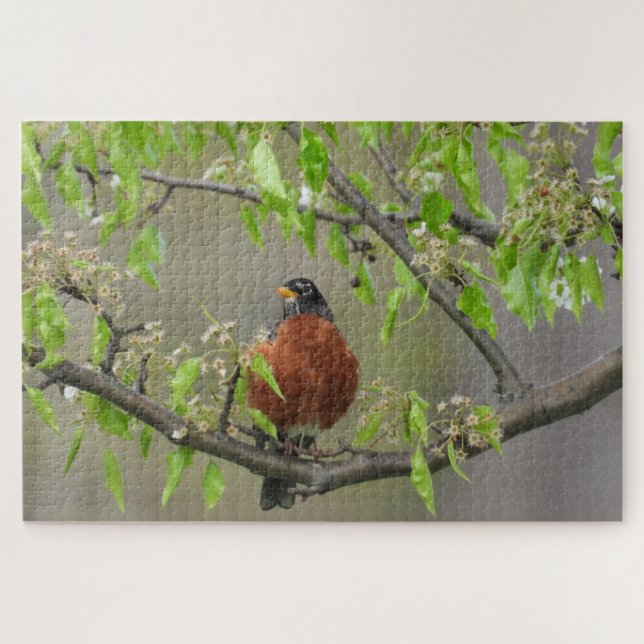 Puzzle Robin estadounidense encaramado en una rama con fl (Horizontal)
