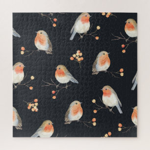 Puzzle Robins, bayas de rowan, acuarela de invierno.