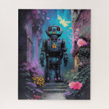 Robot grande en una noche mística morada floral