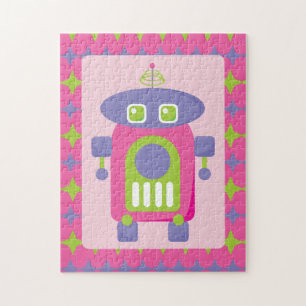 Puzzle Robot rosa retro, morado y verde con estrellas