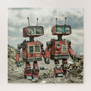 Puzzle Robots Retro Lindos Enamorados Tomados de la Mano