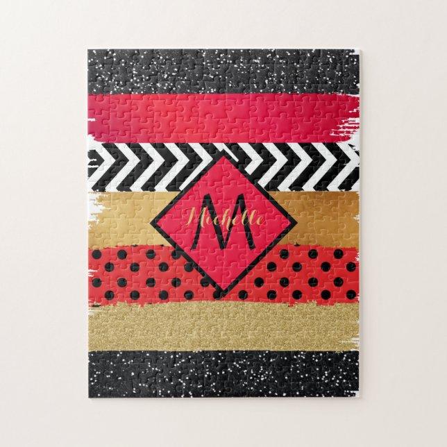 Puzzle Rojo Purpurina de oro negro broche de broca monogr (Vertical)