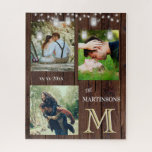Puzzle Romance Rústico Personalizado Monograma Fotos Luce<br><div class="desc">Este rompecabezas podría muy fácilmente explicar el AMOR, con un fondo rústico de textura de madera, luces brillantes, tres de tus maravillosas fotos, una fecha, un nombre familiar y una ÚNICA OCUPACIÓN DEL MONOGRAMA, mirar de cerca y ver tres colores, lo que le da la sensación de profundidad. Este maravilloso...</div>