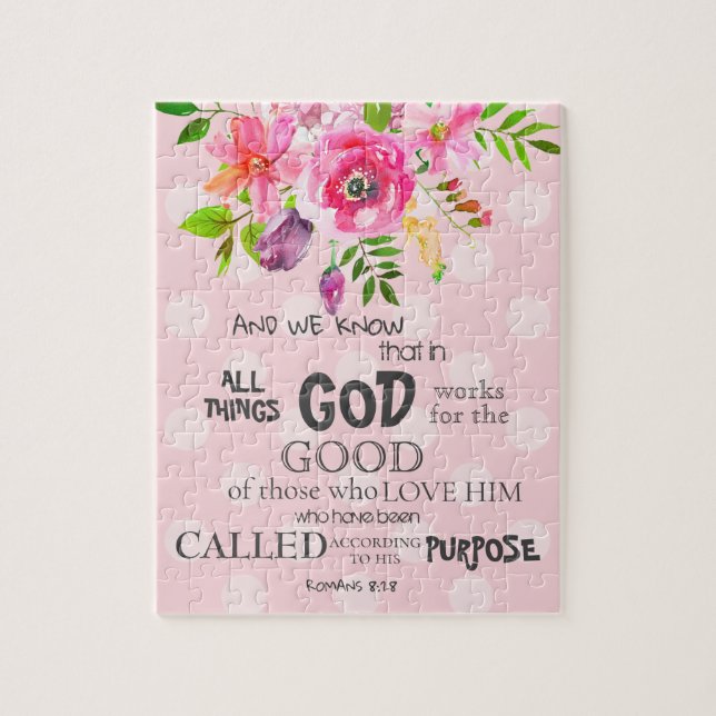 Puzzle Romanos acuarelas rosados florales 8:28 Biblia Ver (Vertical)