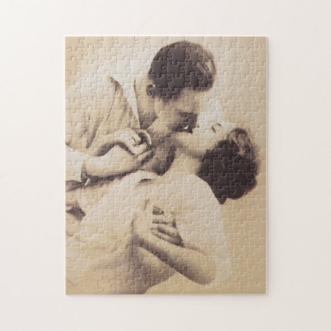 Puzzle Romantic Love Couple Kissing vintage illustration (Vertical)