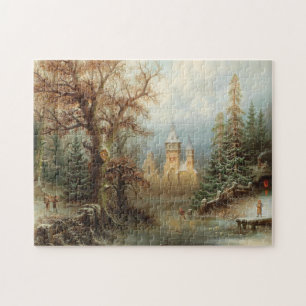 Puzzle Romántico paisaje invernal con patinadores de hiel