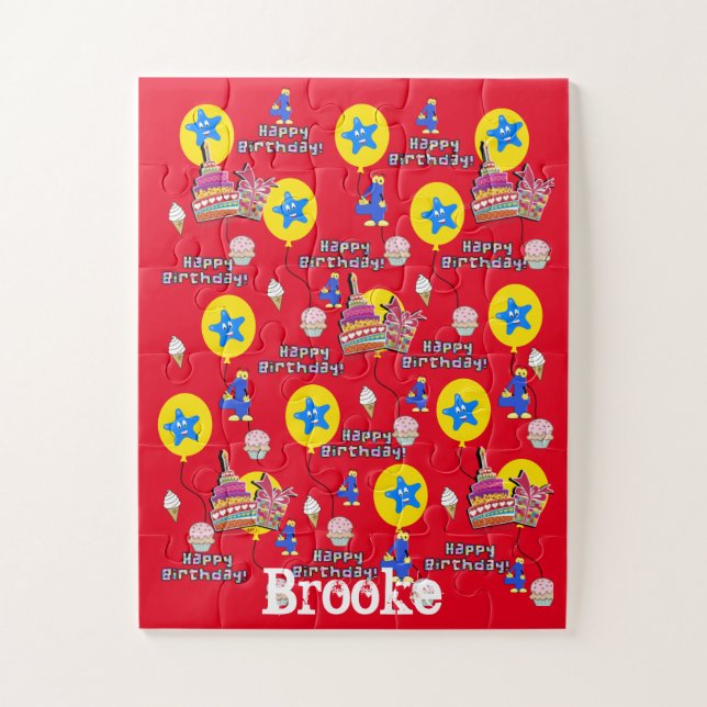 Puzzle Rompecabezas, Feliz Cuarto Cumpleaños, Rojo de Cum (Vertical)