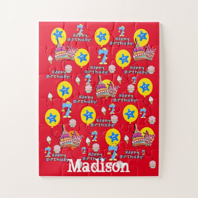 Puzzle Rompecabezas, Feliz Séptimo Cumpleaños, Rojo de Cu (Vertical)