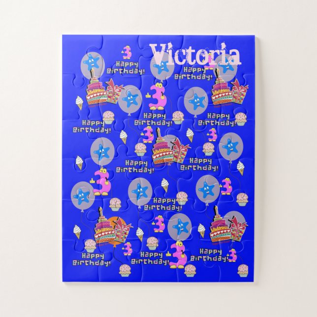 Puzzle Rompecabezas, Feliz Tercer Cumpleaños, Azul de Cum (Vertical)