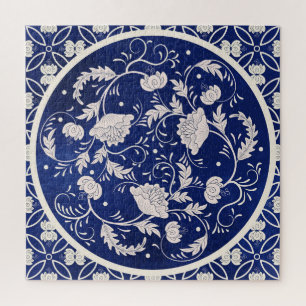 Puzzle Ronda floral china: cosecha de color azul