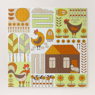 Puzzle Rooster, gallinas, dibujo floral geométrico.