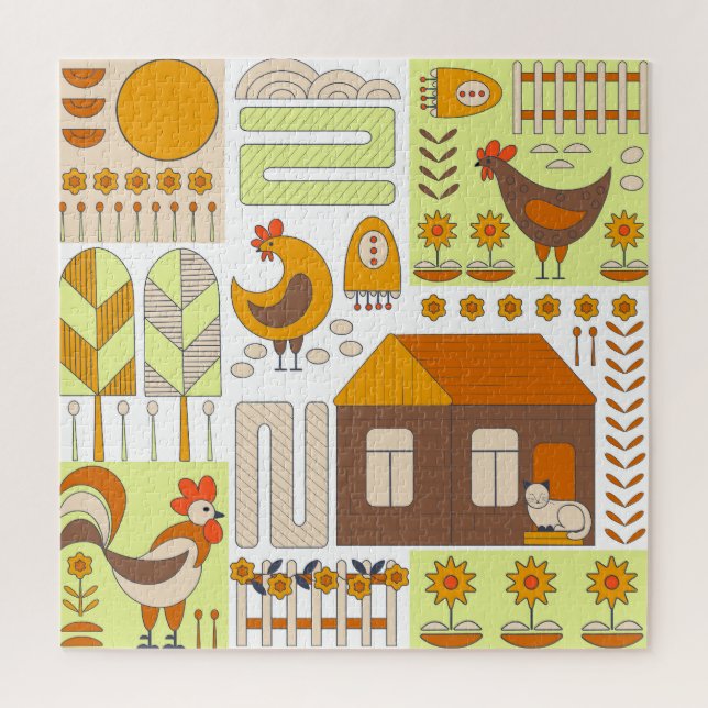 Puzzle Rooster, gallinas, dibujo floral geométrico. (Vertical)