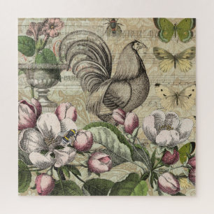 Puzzle Rooster Garden Flower Butfly Art
