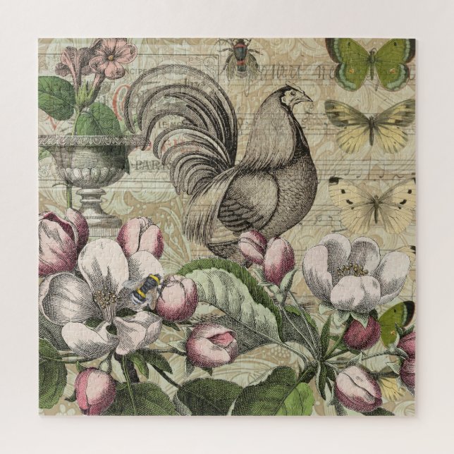 Puzzle Rooster Garden Flower Butfly Art (Vertical)