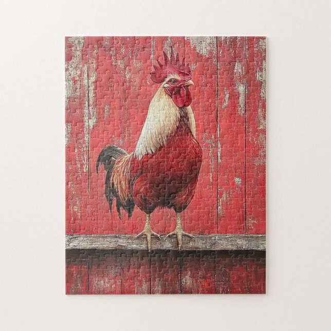 Puzzle Rooster Red Wood Barn Wall (Vertical)