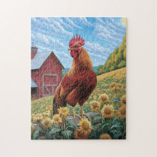 Puzzle Rooster sobre la pintura de una granja de girasole