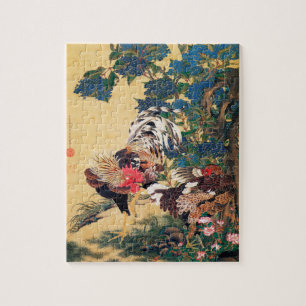 Puzzle Rooster y Hen con Hydrangeas de Ito Jakuchu