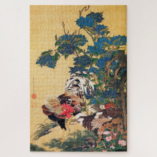 Puzzle Rooster y Hen con Hydrangeas de Ito Jakuchu