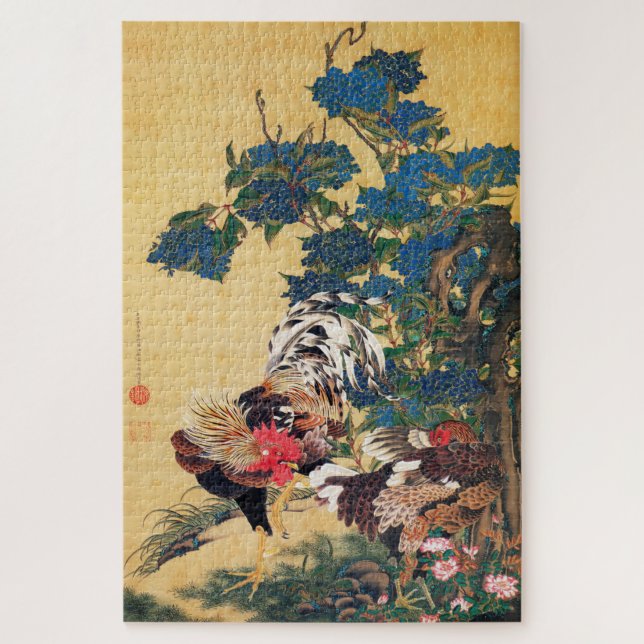 Puzzle Rooster y Hen con Hydrangeas de Ito Jakuchu (Vertical)