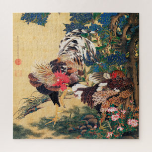 Puzzle Rooster y Hen con Hydrangeas de Ito Jakuchu
