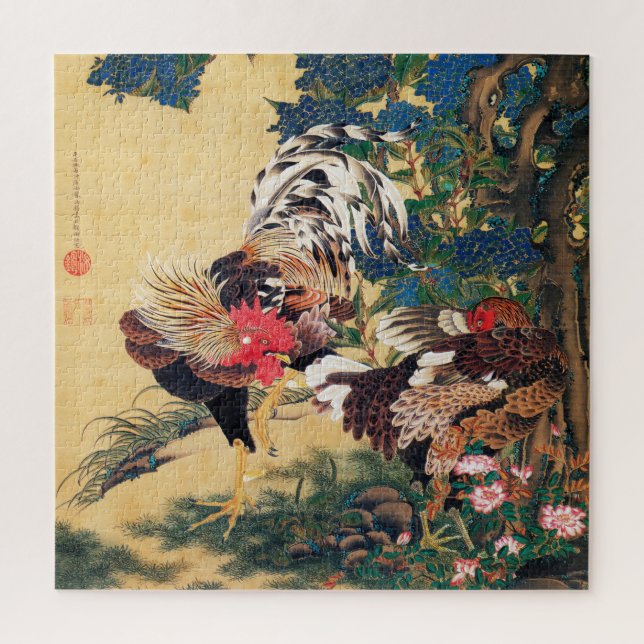 Puzzle Rooster y Hen con Hydrangeas de Ito Jakuchu (Vertical)
