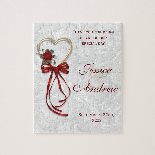 Puzzle Rosa Romántica, Corazón de Oro y Cinta Roja (Vertical)