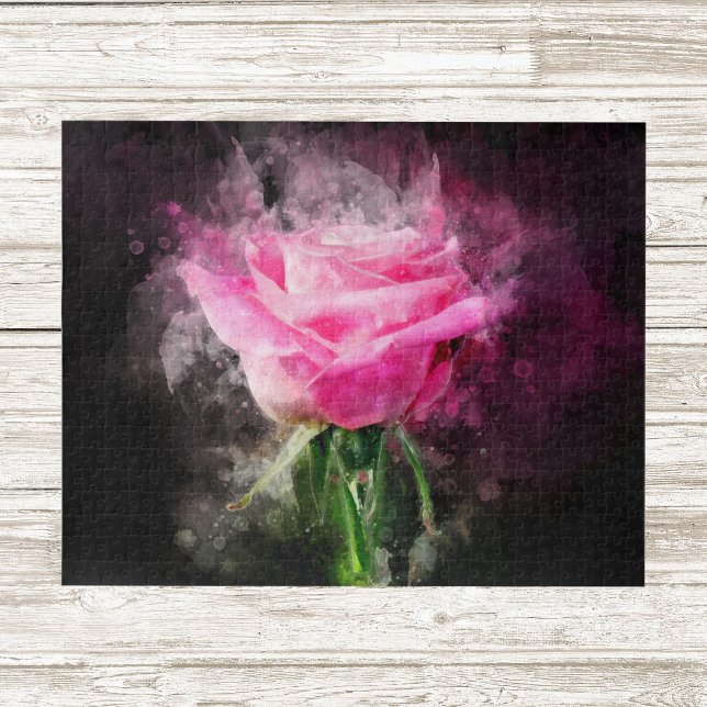 Puzzle Rosa rosa acuarela sobre fondo negro (Pink Rose Watercolor on Black Background. Jigsaw Puzzle)