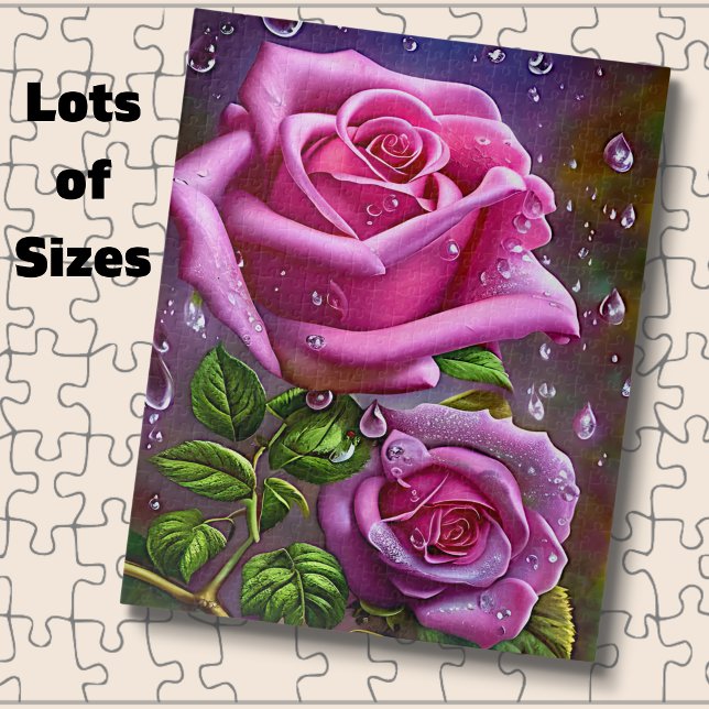 Puzzle Rosa rosa con gotas de lluvia y hojas verdes (Subido por el creador)