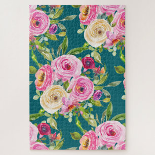 Puzzle Rosas acuarela en rosa y crema sobre azul turquesa