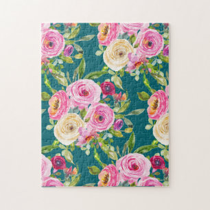 Puzzle Rosas acuarela en rosa y crema sobre azul turquesa