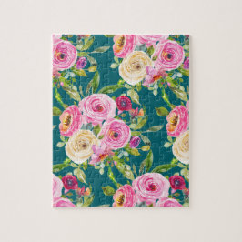 Puzzle Rosas acuarelas en rosa y crema en Verde azulado