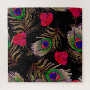 Puzzle Rosas acuarelas, plumas de pavo real, decorativo.