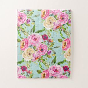 Puzzle Rosas acuáticos en rosa y crema en Aqua
