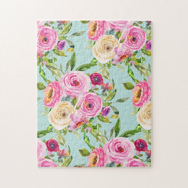 Puzzle Rosas acuáticos en rosa y crema en Aqua (Vertical)