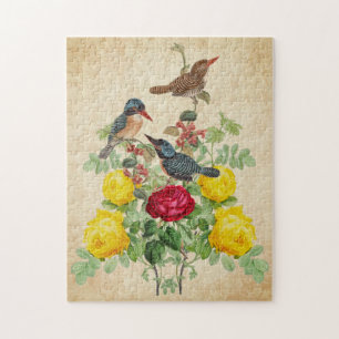 Puzzle Rosas antiguas con pájaros martín pescador 
