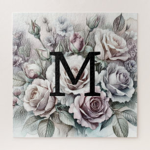 Puzzle Rosas azul morado rosado con dibujo floral monogra