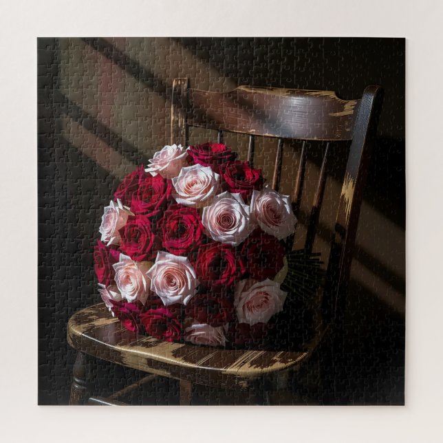 Puzzle Rosas bonitas en una silla rústica (Vertical)