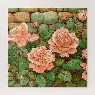 Puzzle Rosas de coral y muro de piedra
