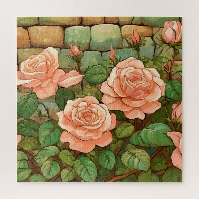 Puzzle Rosas de coral y muro de piedra (Vertical)