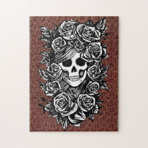 Puzzle Rosas de cráneo Gótico dibujo original de tinta ar