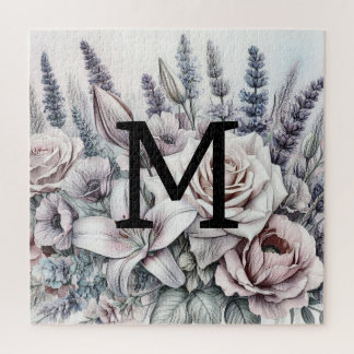 Puzzle Rosas de dibujo floral monograma lavanda lirios