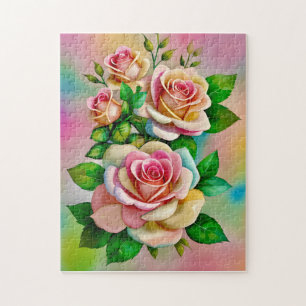 Puzzle Rosas de elegancia rosa y amarillo acuarela pastel