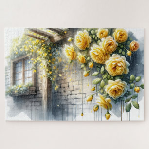 Puzzle Rosas Doradas en la pared de una cabaña rústica de