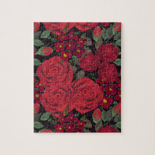 Puzzle rosas rojas acuarelas sobre negro,