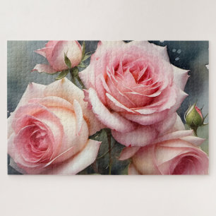 Puzzle rosas rosa claro bonito jardín acuarela pintura