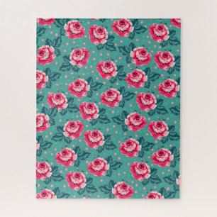 Puzzle Rosas rosadas bonitas y patrón de lunares en azul 