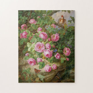 Puzzle Rosas Rosadas Naturaleza Muerta Mariposas Pájaro V